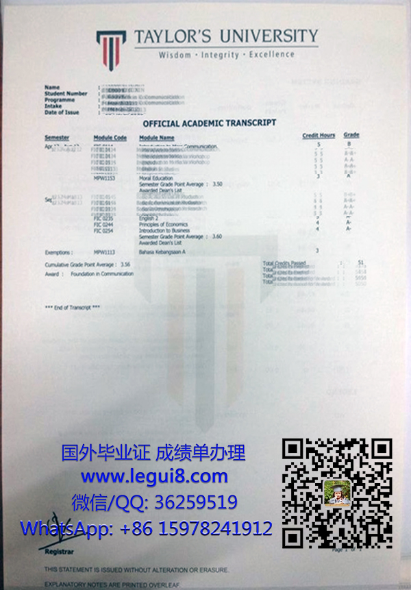 Taylor's University transcript